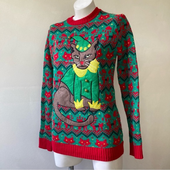 33 Degrees | Ugly Christmas Grumpy Cat Elf Bell Sweater - Picture 2 of 8